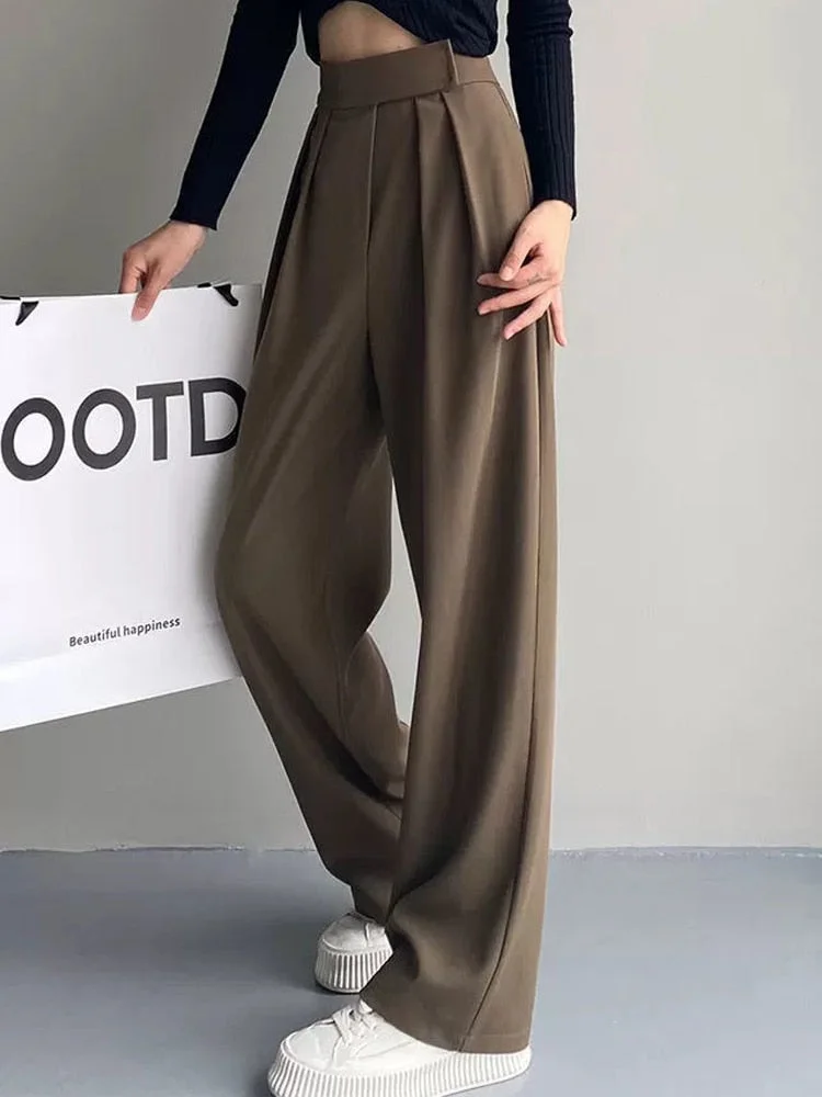 HOUZHOU Brown Wide Leg Women's Classic Suit Pants Vintage Palazzo Office Elegant Casual Balck Trousers Female High Wasit Pants