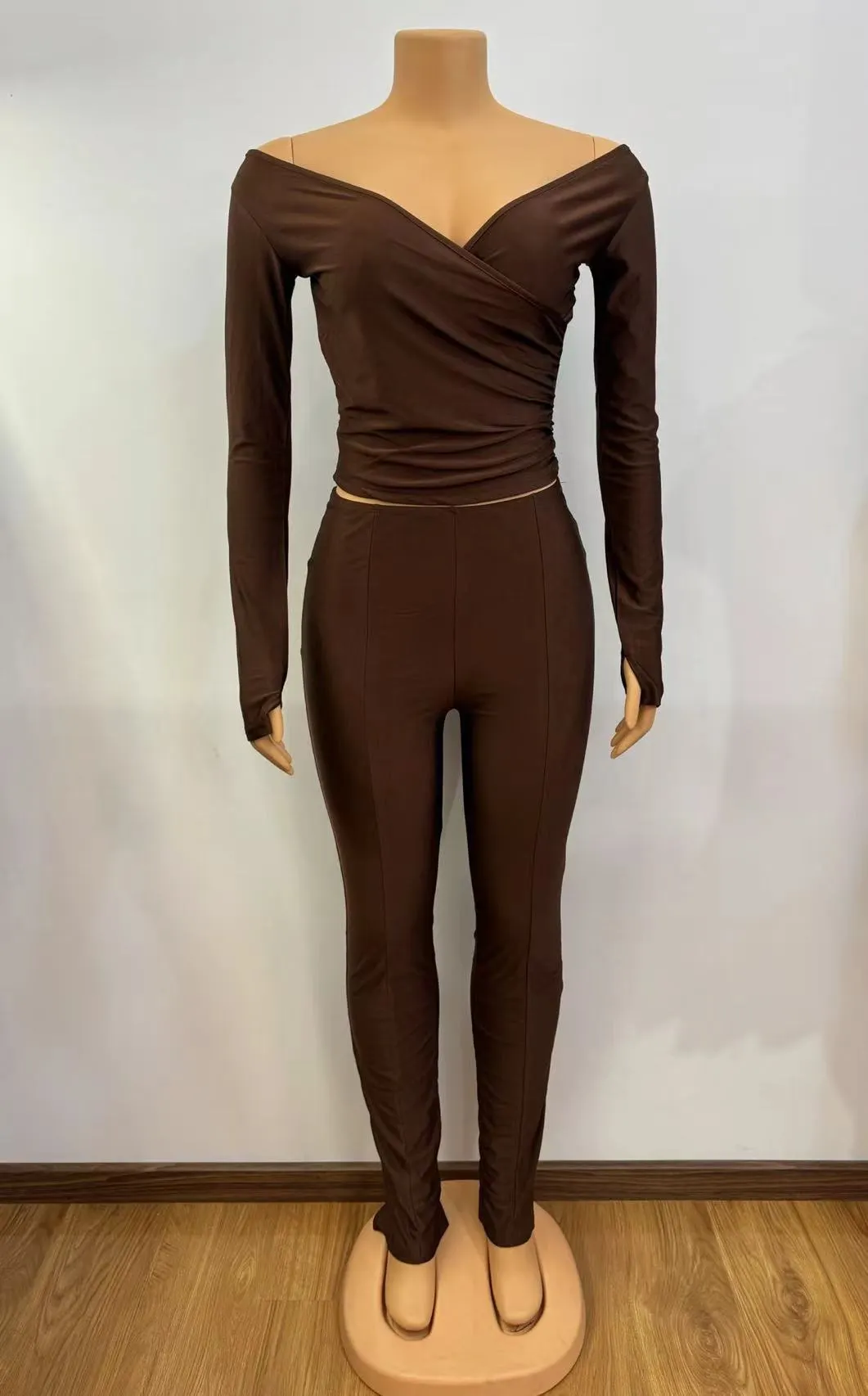 Women Solid v-neck sexy long-sleeved Top And trousers two-piece set