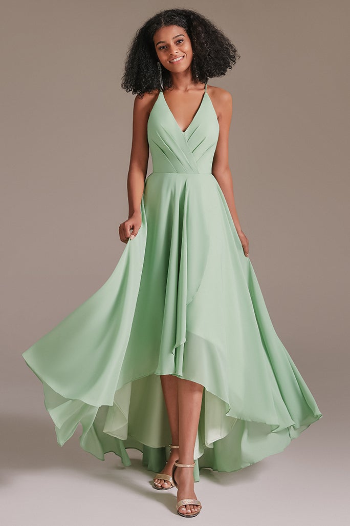 Oknass Modern Spaghetti Strap V Neck Sleeveless Chiffon Cheap Bridesmaid Dress