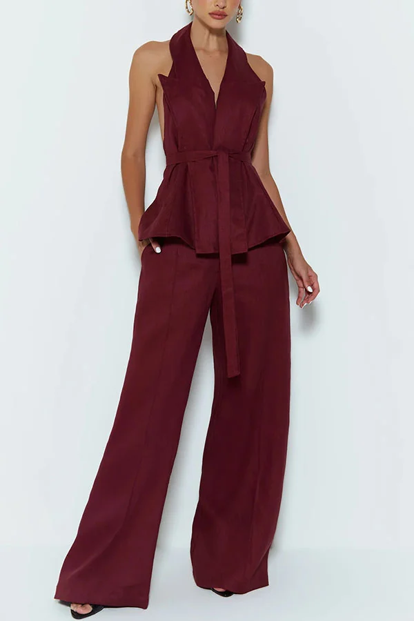 Zoella Linen Blend Tie-up Halter Lapel Vest and Elastic Waist Pocketed Loose Pants Set