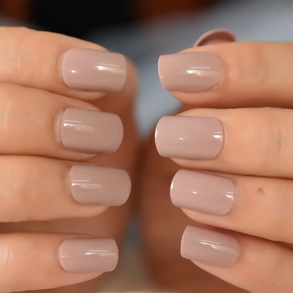 Natural Nude Color Press On Nails Marble White Artificial False Nails Square Short Glossy Pattern Tips with Glue Sticker 113-Nail Inspo