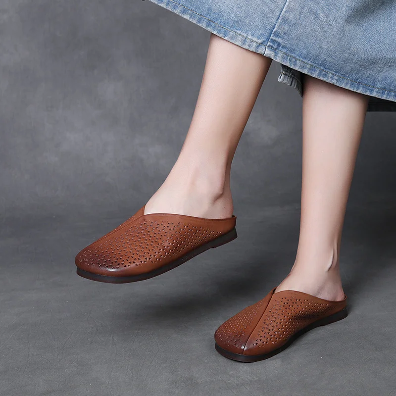 Yyvonne Layer Of Cow Skin Retro One Foot Soft-Soled Slippers Women 2025 Summer New Comfortable Outer Hollow Hole Shoes