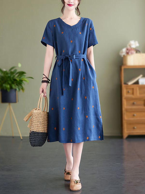 Polka Dot V Neck Short Sleeve Midi Dress