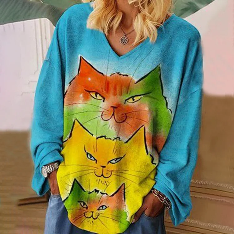 Wearshes Casual Loose Cat Print V Neck Long Sleeve T-Shirt