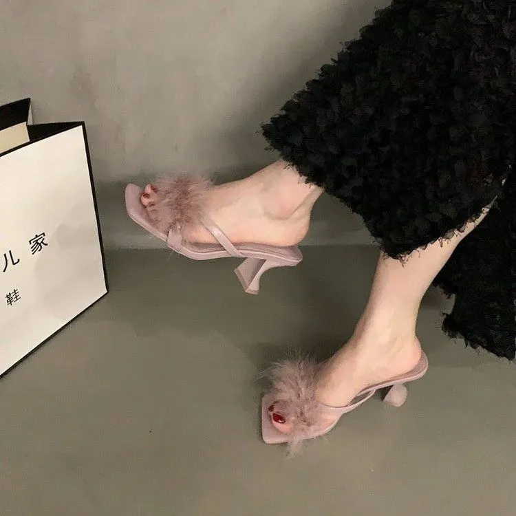 Yyvonne Niche High-Heeled Shoes Fur Slippers Women Wear 2025 New Summer Fairy Wind Clip Toe Black Cool Slippers