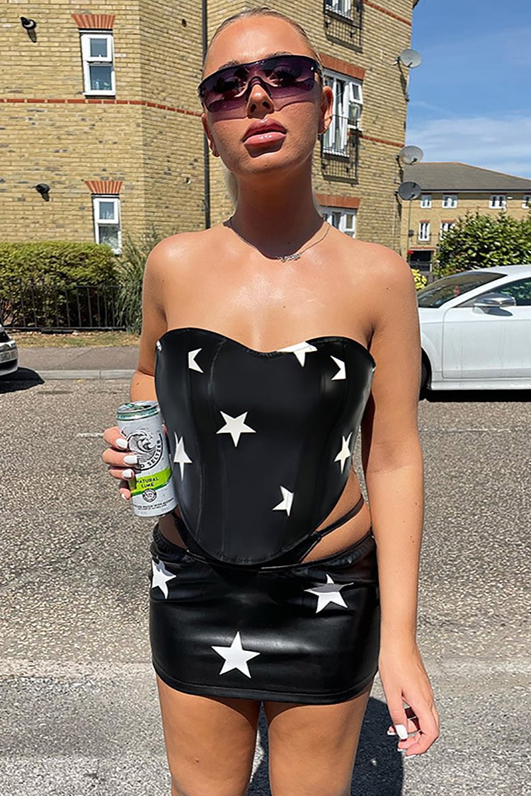 Vacation Faux Leather Star Graphic Tube Top Mini Skirt Two Pieces Set