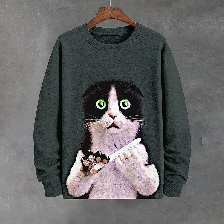 Men's Funny Cat Nail Grinding Art Print Casual Sweatshirt