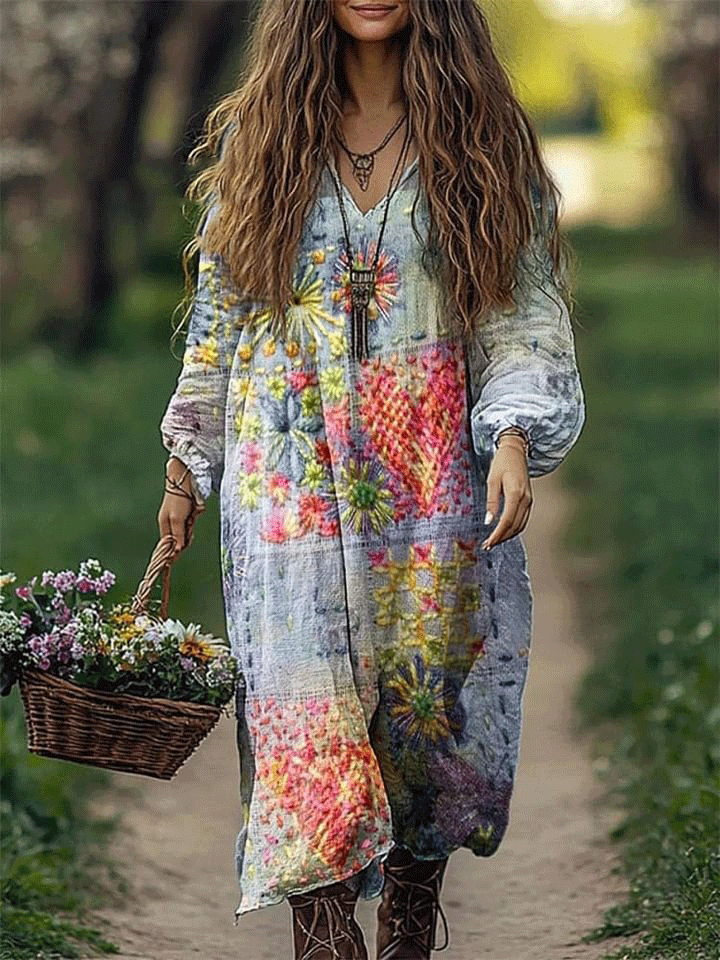 Women's Embroidery Texture Patchwork Art Print Loose V Neck Pocket Cotton Dress