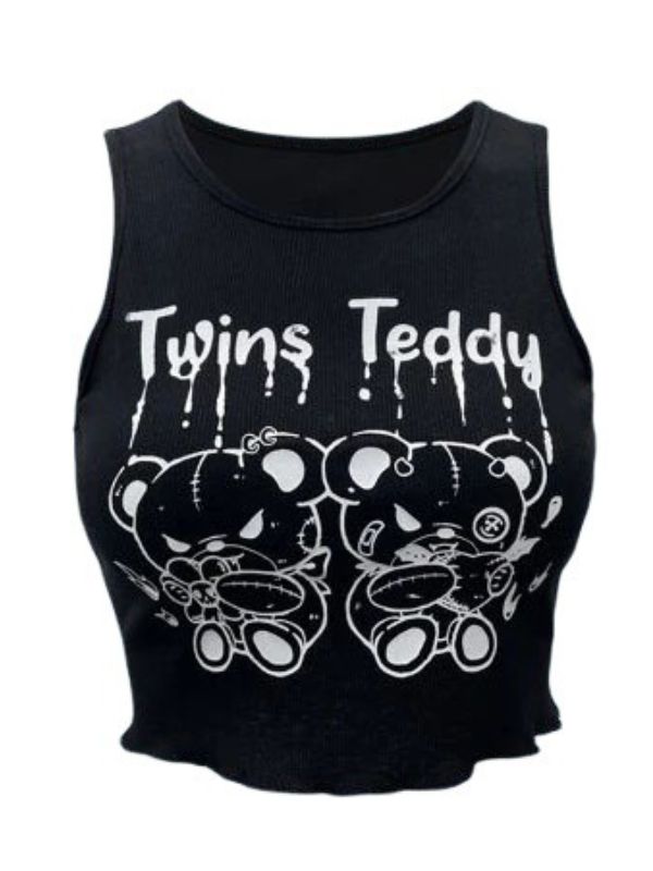 Gothic Dark Teddy Bear Crop Sleeveless Printed Letter Top