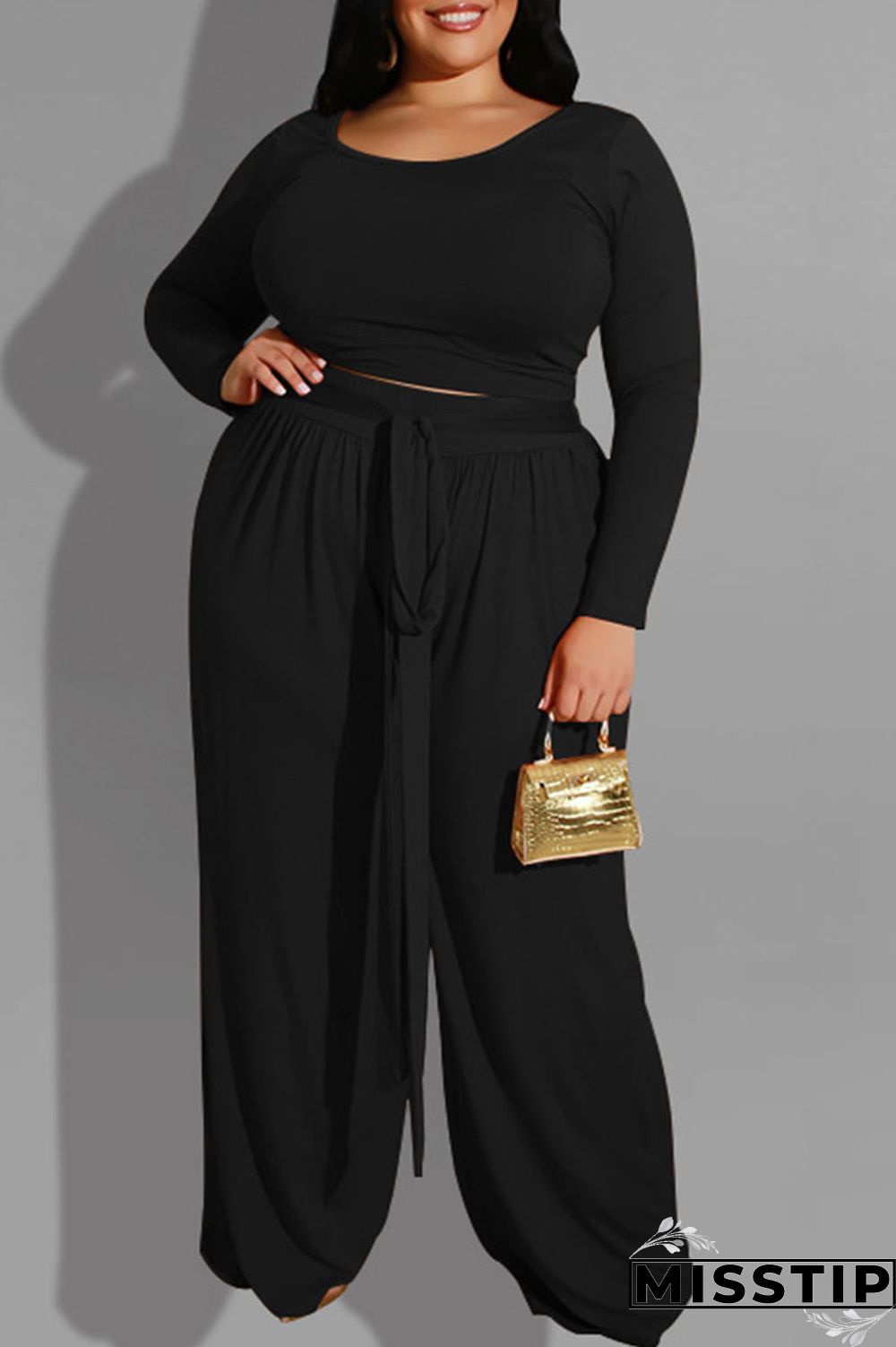 Brown Casual Solid With Belt O Neck Plus Size Two Pieces