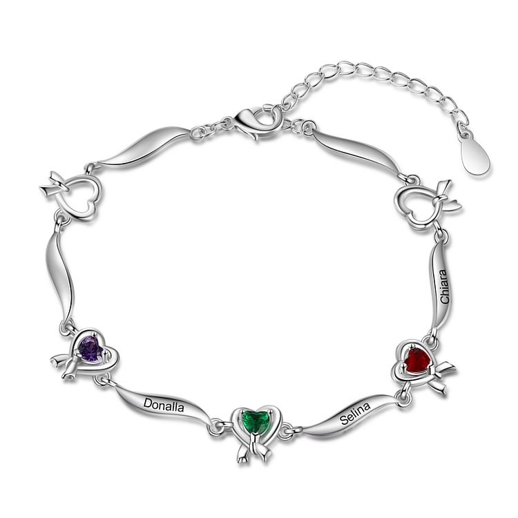 Pulsera de corazón personalizado con 3 nombres y 3 piedras de nacimiento