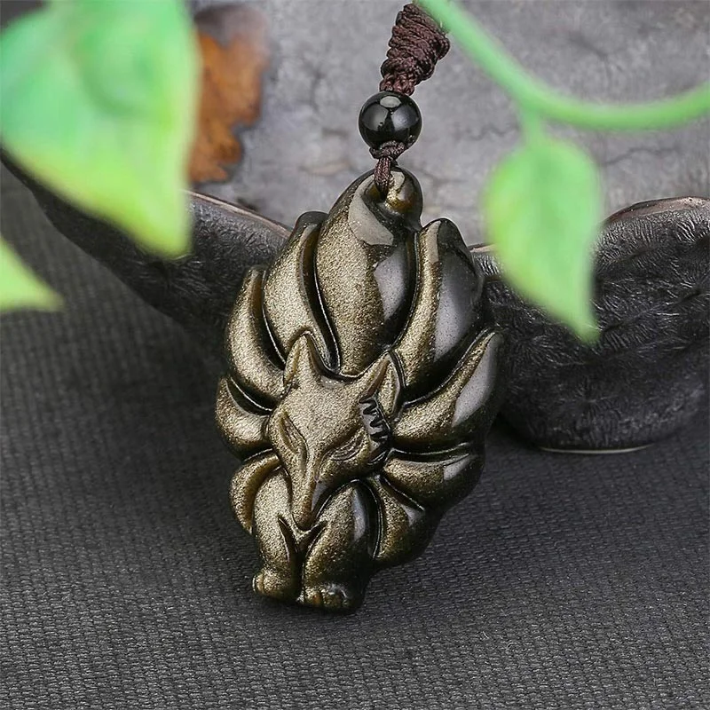 Natural Fluorite Gold Sheen Obsidian Fox Pendant Protection Necklace