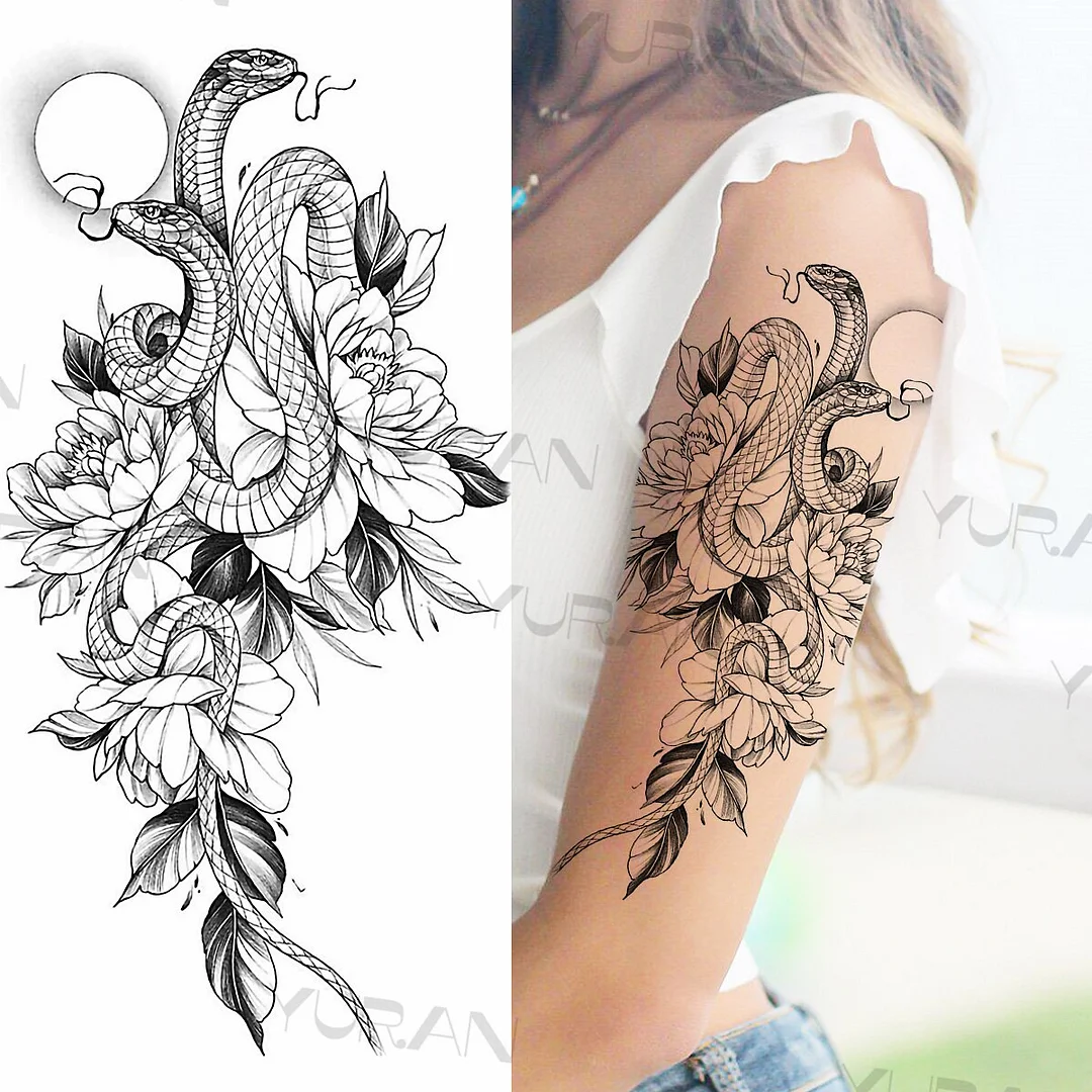 Sdrawing Rose Flower Temporary Tattoos For Women Realistic Snake Butterfly Flora Fake Tattoo Sticker Arm Body Waterproof Tatoos