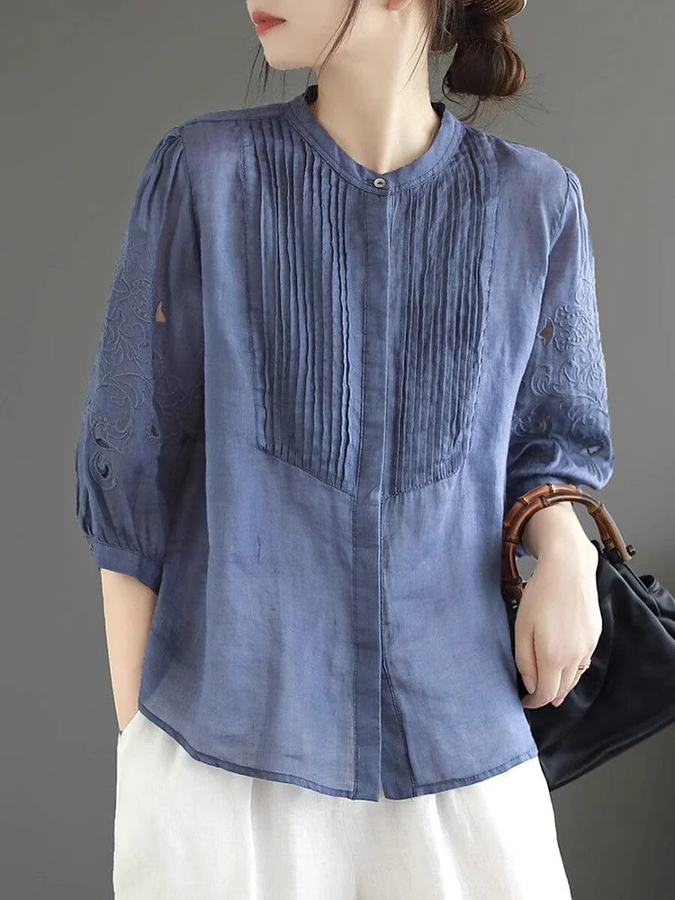 Summer Retro Minimalist Embroidery Linen Blouse