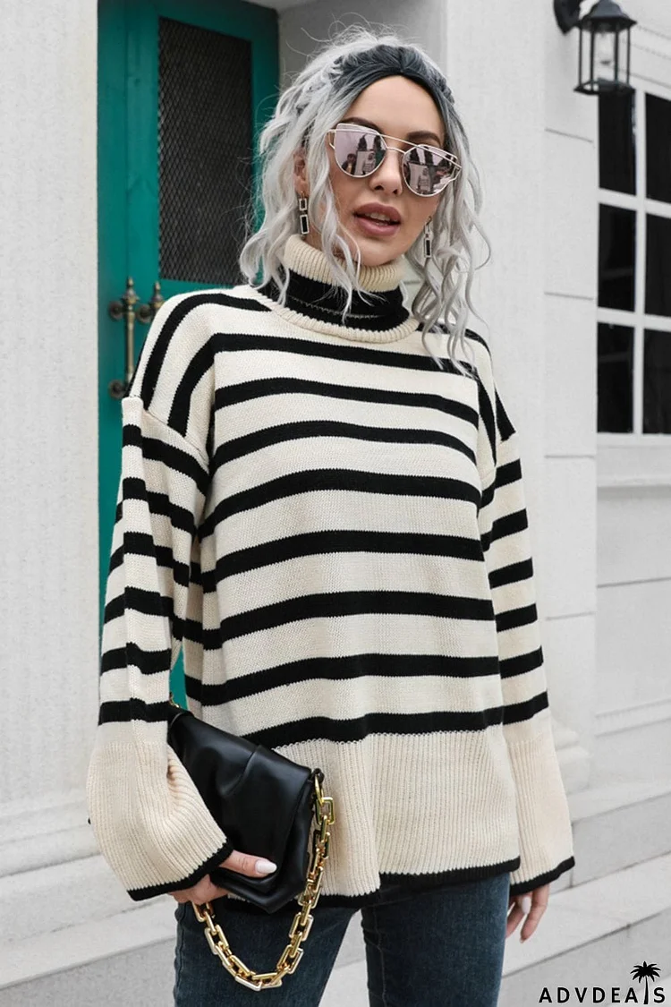 Striped Turtleneck Drop Shoulder Sweater