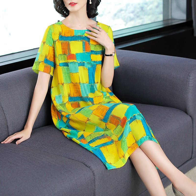 Summer Women's Plaid Silk Dress Mulberry Fashion Color Contrast Skirt