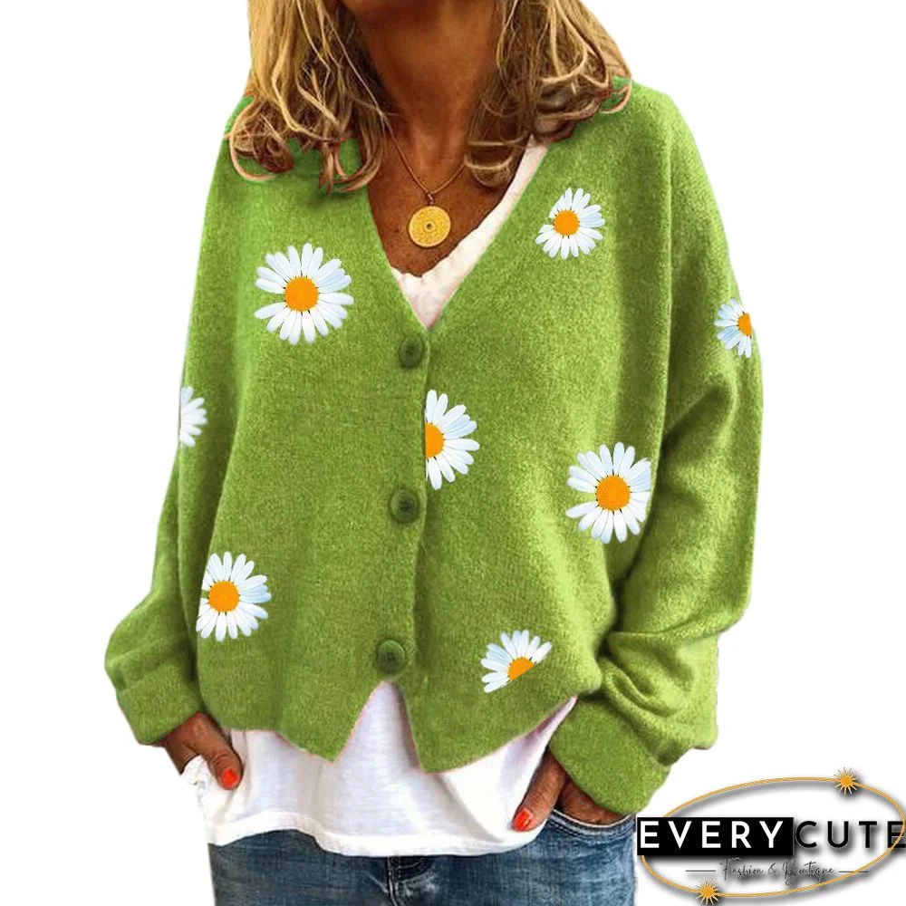 Green Daisy Print Three Buttons V Neck Cardigan