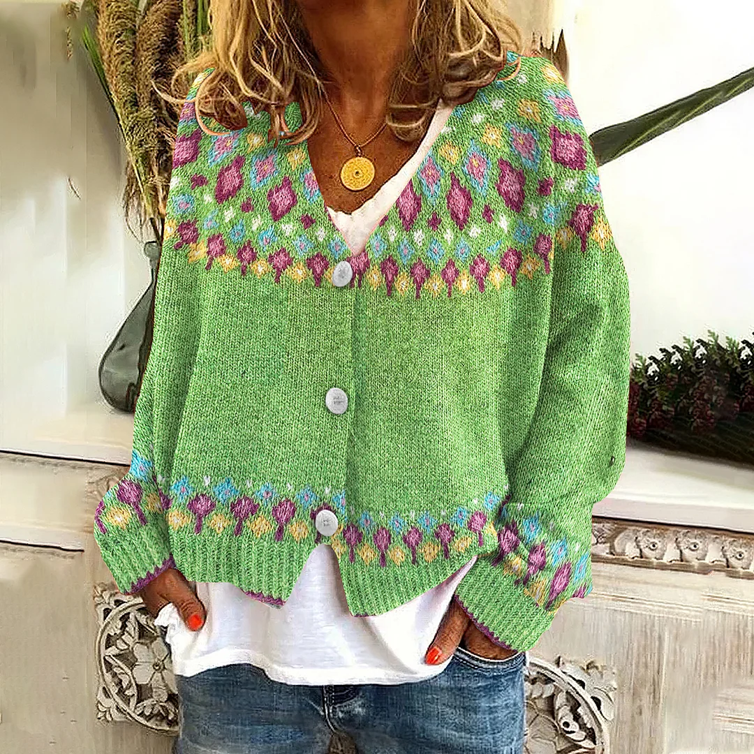 Fairman Island Geometric Contrast Button Cardigan