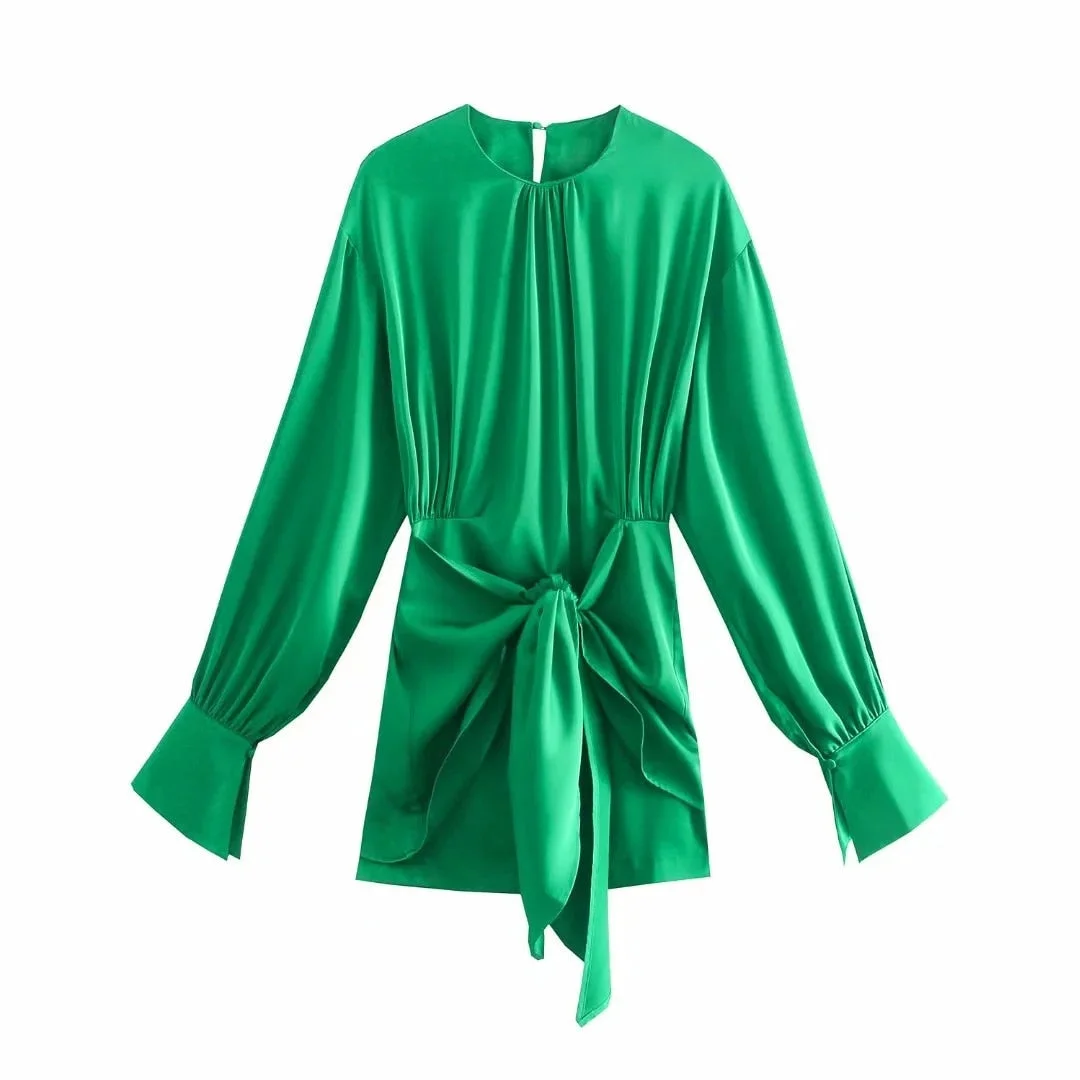 2021 Fashion Green High Waist Women Dress Elegant Long Sleeve Y2K Sheath Bow Sashes Summer Female Holiday Dresses Party Vestidos