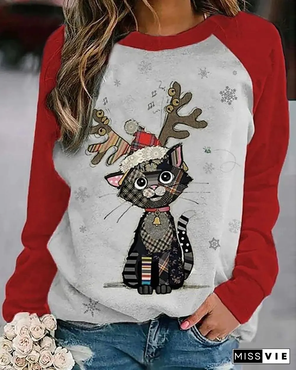 Christmas Animal Print Long Sleeve Top P10792