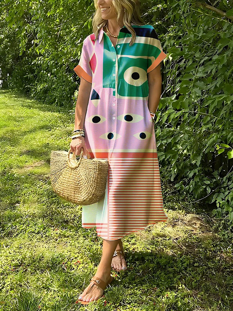 Abstract Graphic Printed Lapel Button Up Dress