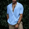 Solid Color Lapel Short-sleeved Linen Simple Shirt