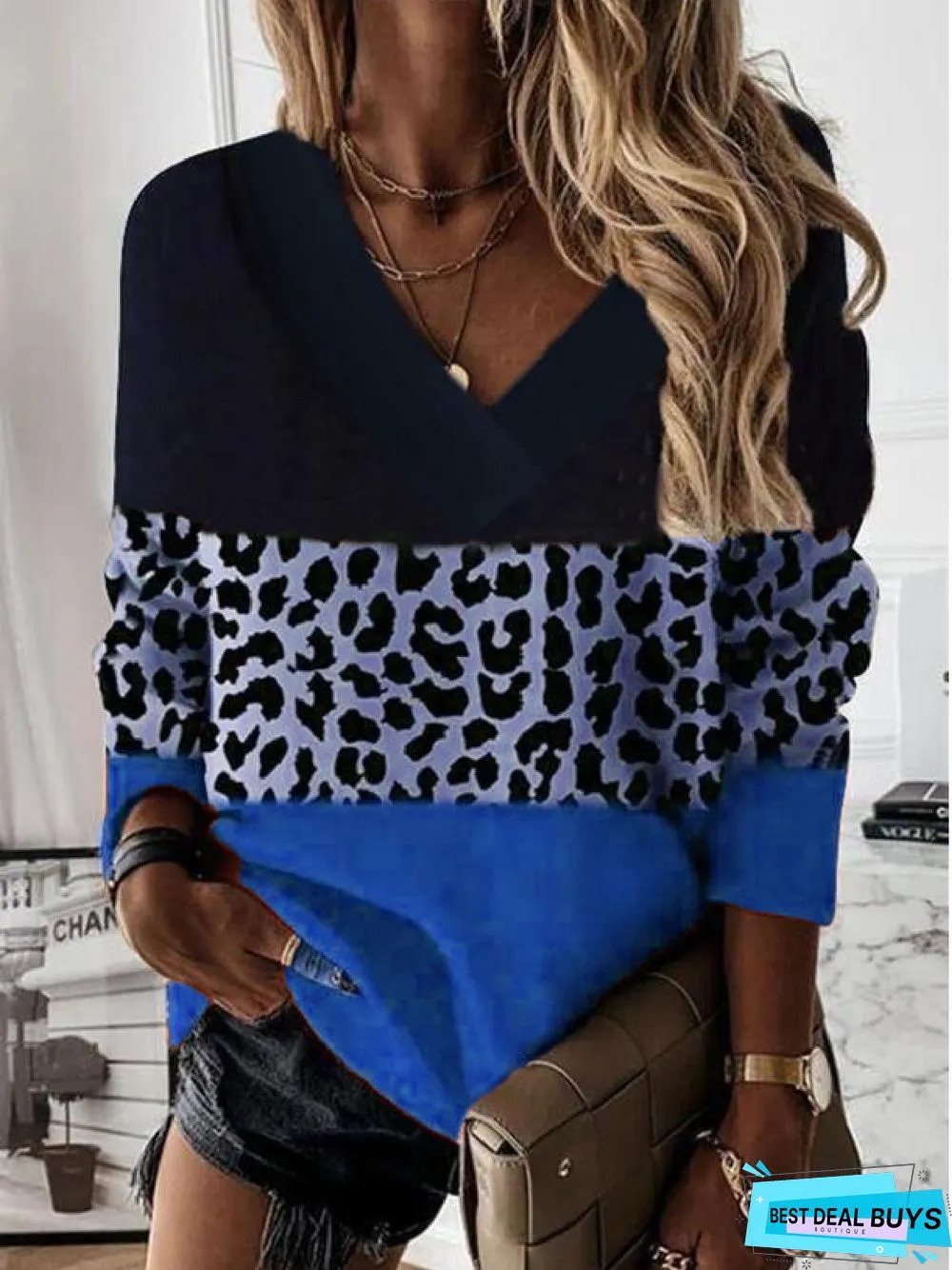 Loosen Cotton Blends V Neck Long Sleeve Casual Printed Tunic Top