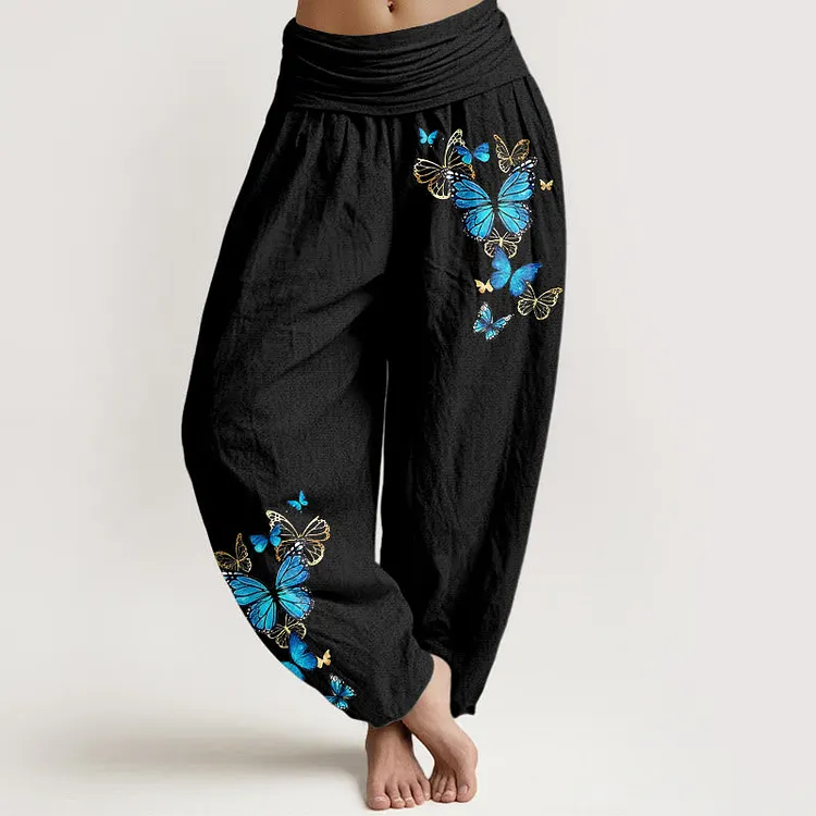 Cotton Butterfly Pattern Women's Elastic Waist Harem Pants