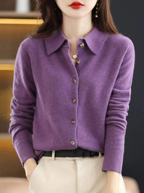 Casual Loose Long Sleeves Buttoned Solid Color Lapel Collar Cardigan Tops