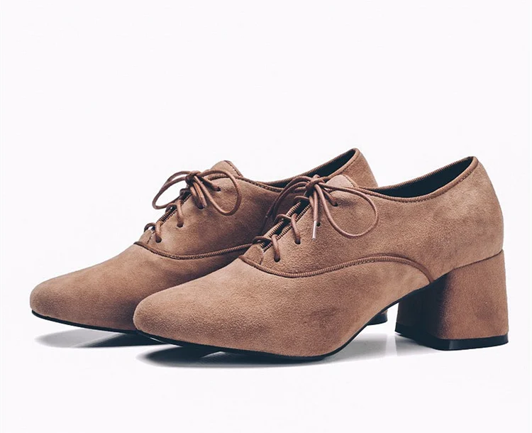 Brown Vintage Shoes Chunky Heel Lace up Suede Heeled Oxfords |FSJ Shoes