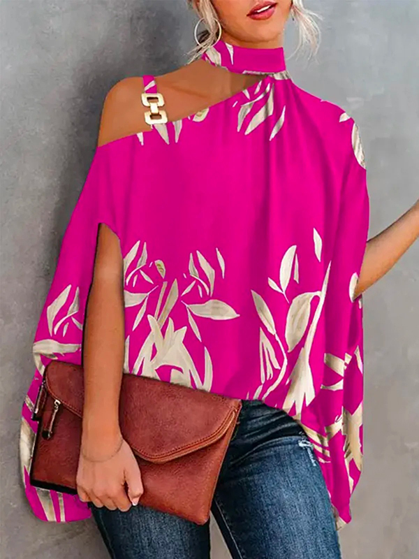 Printed Asymmetric One Shoulder High-Neck Blouse Tunic Top