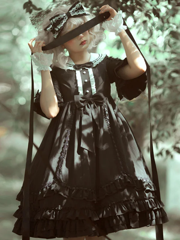 Gothic Lolita One Piece Dress Half Sleeve Bow Lace Up Black Dress Novameme