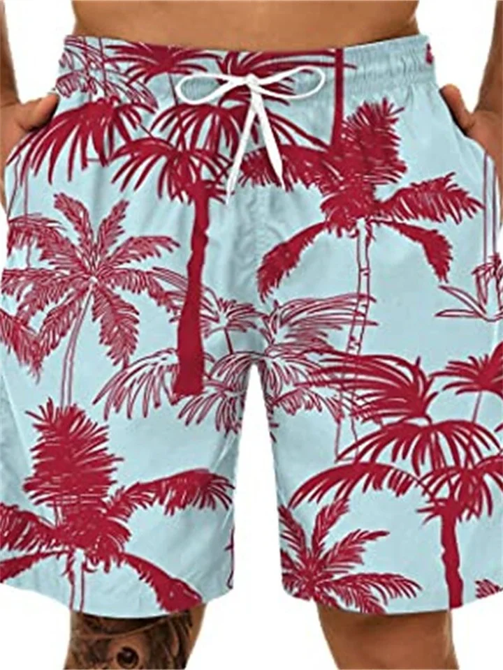 Men's Beach Drawstring Shorts Coconut Tree Print Shorts Black Green Red Blue-Cosfine