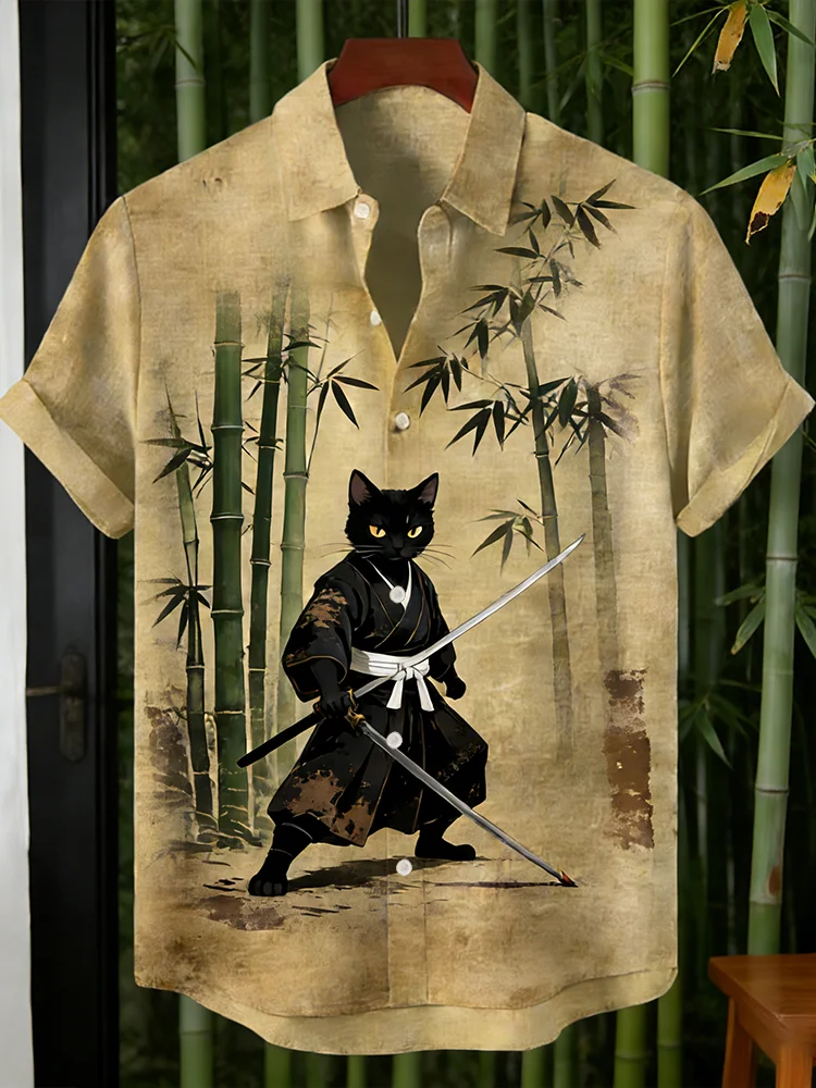 Men's Bamboo Forest Swordsman Cat Print Short Sleeve Shirt