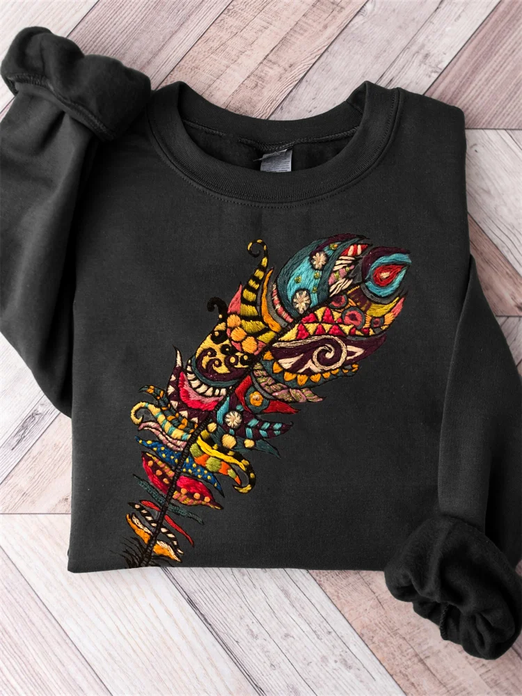 Western Ethnic Feather Embroidery Art Comfy Sweatshirt