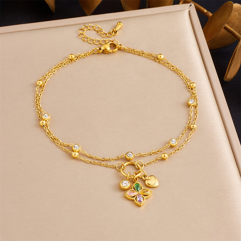 Korean Style Fashion Stacking Double Chain Diamond Cherry Starfish Flower Star Moon Pendant Stainless Steel Anklet Female