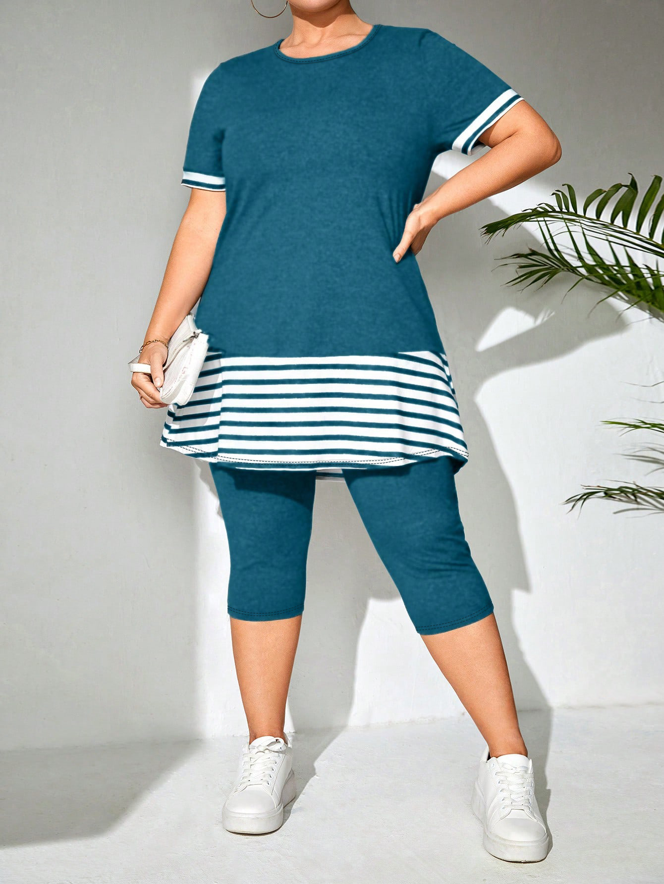 Mature Women Summer Plus Size Two-piece Short Sleeve Top And Shorts Suits