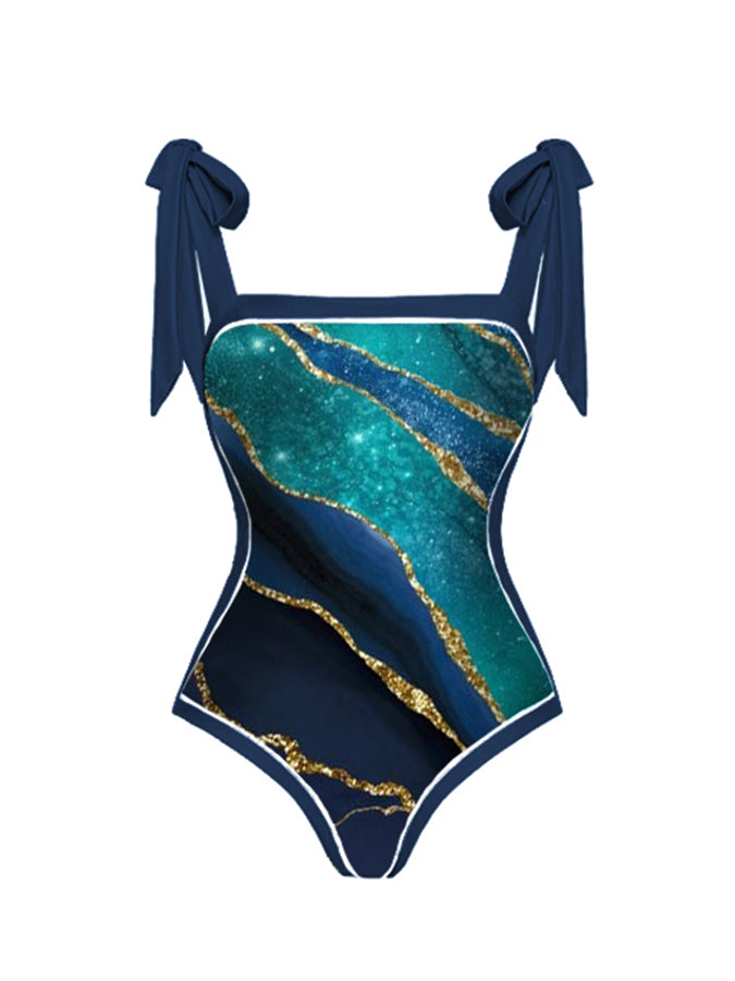 Marble Print One Piece Swimsuit And Cover Up