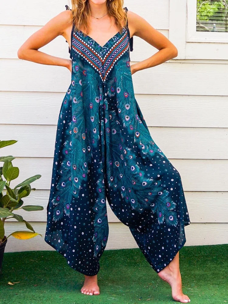 Eal Peacock Boho Jumpsuit Rompers Pants with Pockets Swimsuit Cover Up Wide Leg Jumpsuit Summer Jumpsuit Hippie Jumpsuit Loungewear