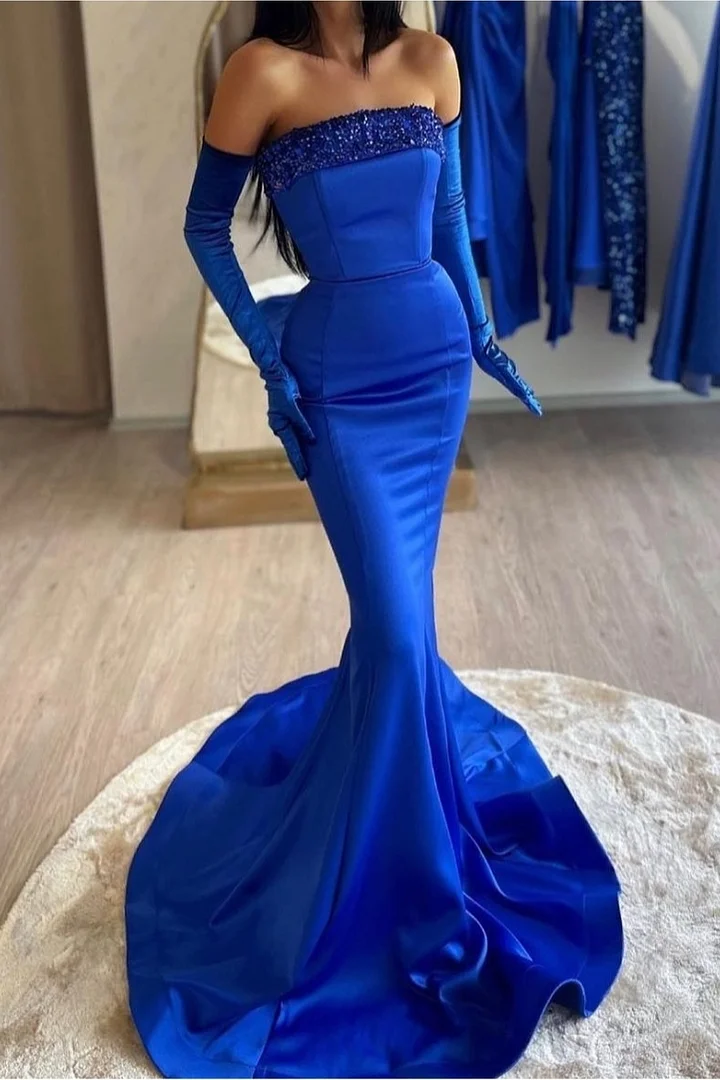 Ovlias Royal Blue Sequin Mermaid Prom Dress with Long Glove WE0003