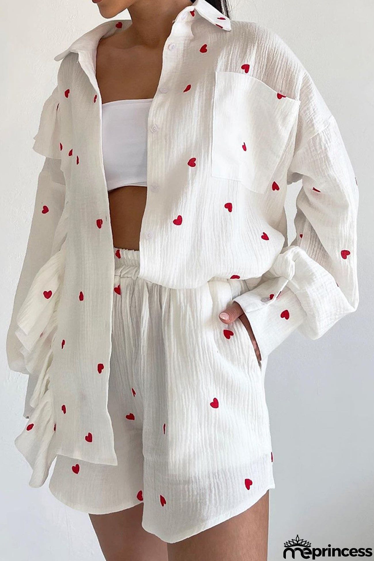 Heart Print Ruffle Long Sleeve Shirt Two Piece Shorts Set