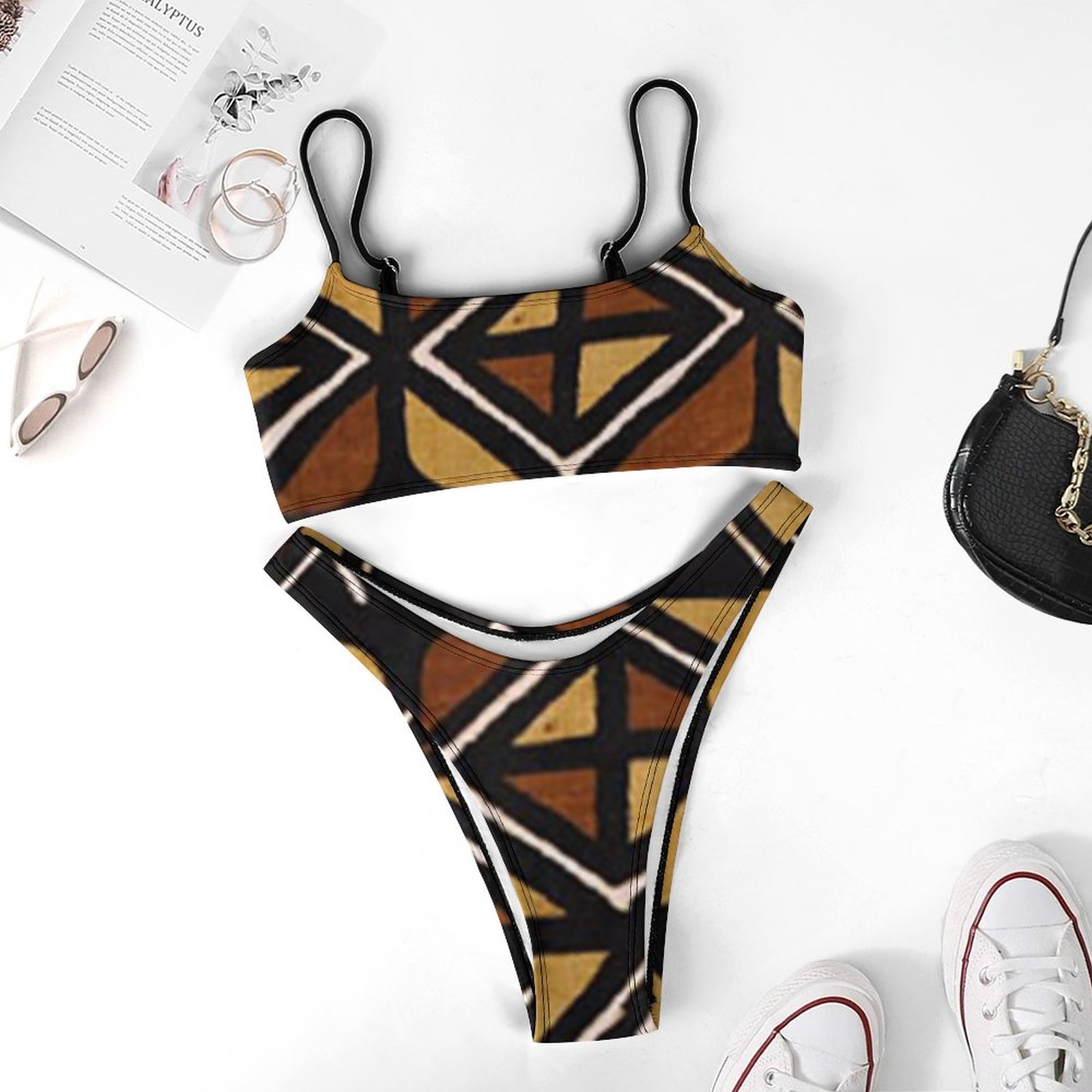 Funny Vintage Kenyan Mud Cloth Women Reversible Bandeau Top High Cut