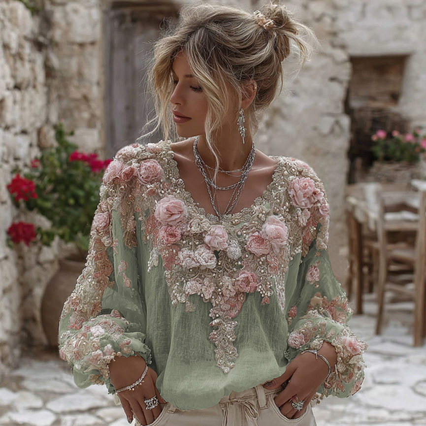 Women's Vintage Pink Rose Embroidery Art Round Neck Linen