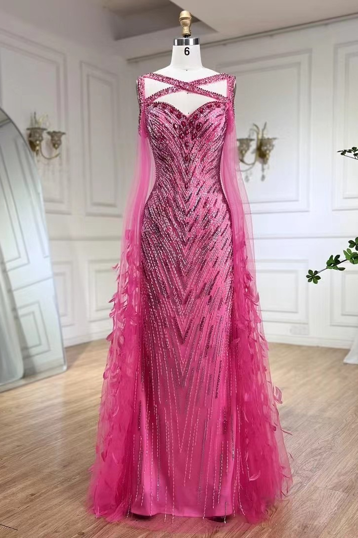 Bellasprom Fuchsia Sweetheart Detachable Ruffle Sleeves Mermaid Prom Dress With Beads Bellasprom