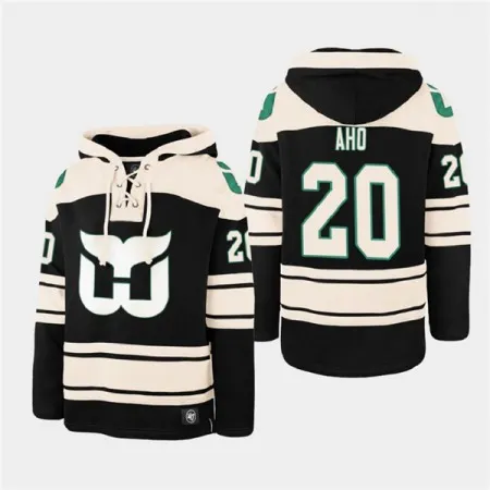 Men's Carolina Hurricanes #20 Sebastian Aho Black Ageless Must-Have Lace-Up Pullover Hoodie 8KD0