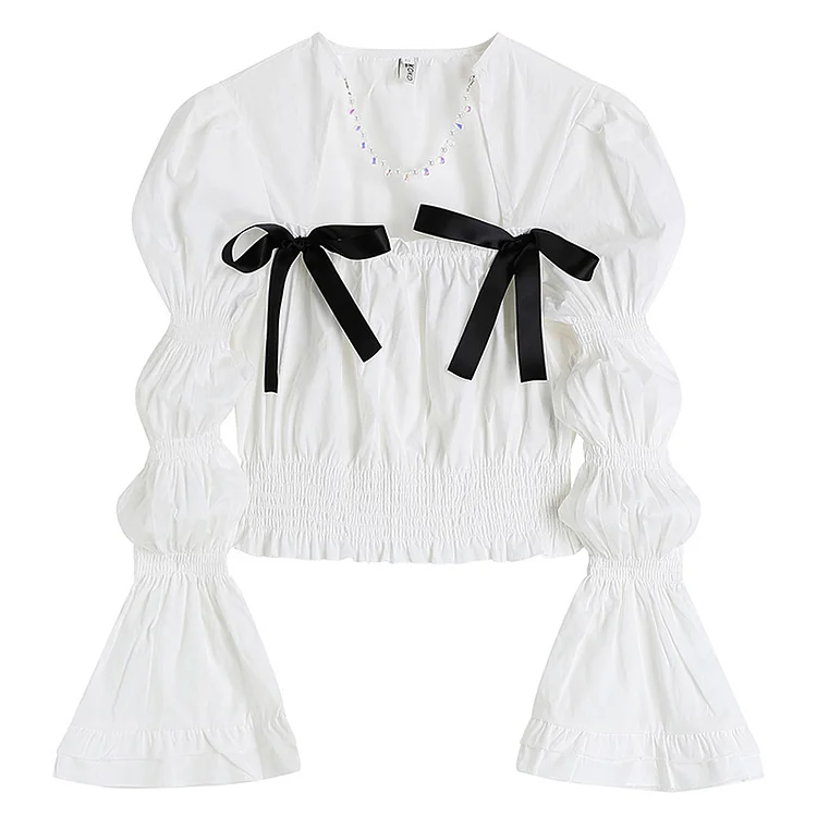 Square Collar Puff Sleeve Shirt Pleated Suspender Skirt Set - Modakawa modakawa