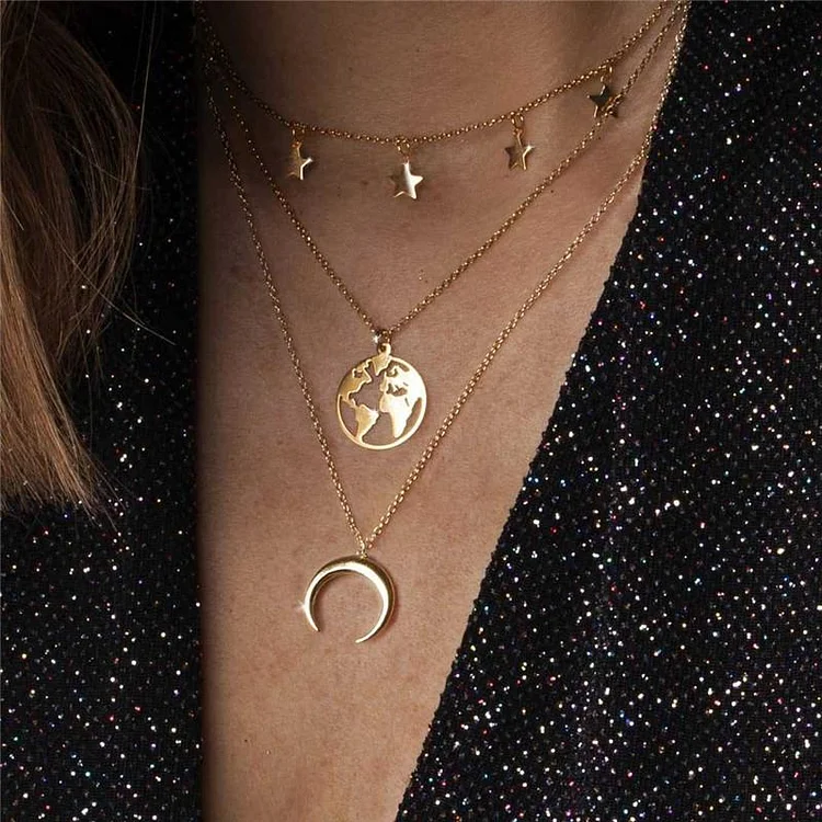 World Map Moon Crescent Alloy Pendant Multi-Layer Necklace
