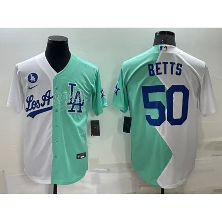 Men's Los Angeles Dodgers #50 Mookie Betts 2022 All-Star White/Green Cool Base Stitched Baseball Jersey I70N