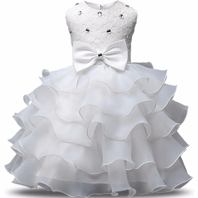 Uveng New Winter Baby Girl Dress 1 year Birthday Dress White Lace Baptism Vestido Infantil Bowknot Princess Dresses for Wedding Party