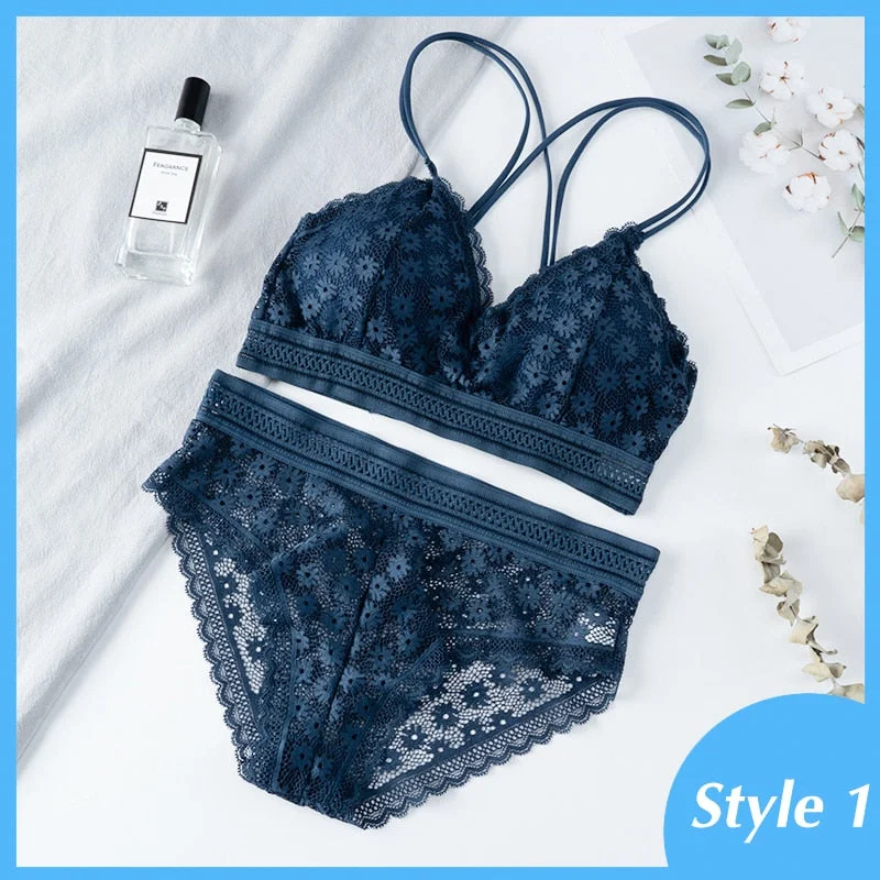 Women Lace Bra Sets Seamless Underwear Backless Vest Adjusted-straps Lingerie Floral Soft Comfortable Underwear Set